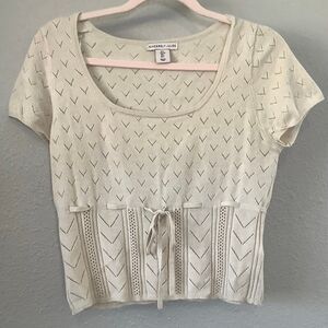 Cream Knit Feminine Dainty Coquette Dollette Tie Waist Short Sleeve Top L Spring